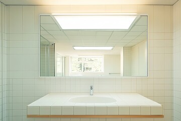 Poster - minimalistic modern bathroom with large mirror white tiles and clean design