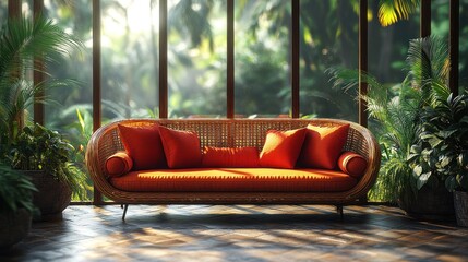 Wall Mural - Tropical rattan sofa with orange cushions in sunlit room.