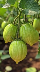 Wall Mural - Green striped tomatoes growing on the vine in a greenhouse.