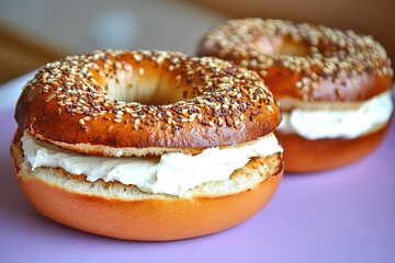 Poster - neatly sliced bagel with cream cheese placed on soft lavender surface under diffused natural light