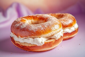 Poster - neatly sliced bagel with cream cheese placed on soft lavender surface under diffused natural light