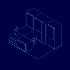 Poster - Blue drawing of a room with a desk and a computer. The desk has a keyboard and a mouse. There is a laptop on the desk. A chair is in front of the desk