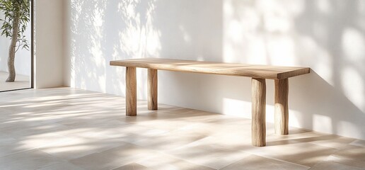 Poster - A minimalist wooden table in a sunlit, serene interior space.
