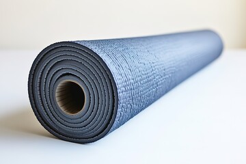 Poster - rolled-up yoga mat rests on white surface with generous empty space around it