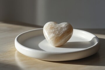 Poster - single heart-shaped stone displayed on smooth white ceramic plate under diffused natural light