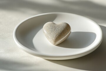 Poster - single heart-shaped stone displayed on smooth white ceramic plate under diffused natural light