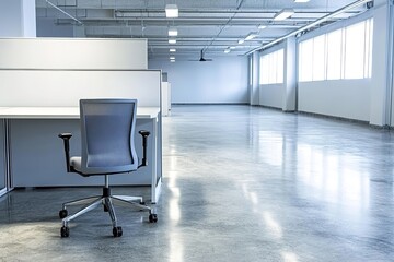 Poster - stock photo of empty startup office space with office chair and desk clean minimalist design