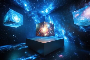 Poster - floating cube podium with holographic projections of constellations and galaxies set against deep space backdrop