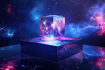 Poster - floating cube podium with holographic projections of constellations and galaxies set against deep space backdrop