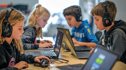 A group of children engaged in computer activities, wearing headphones and focused on their laptops in a collaborative learning environment.