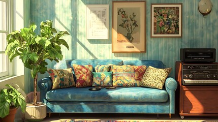 Wall Mural - Sunlit Vintage Living Room Featuring a Teal Sofa