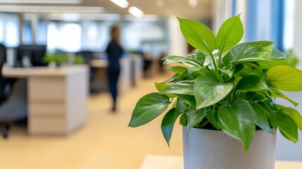 Poster - A potted plant in a modern office setting with blurred workspace.
