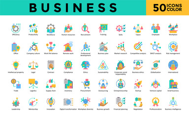 Poster - Business icon set with efficiency, productivity, workforce, human resources, recruitment, training, skills, talent, employee, workplace icon. Simple flat color vector 
