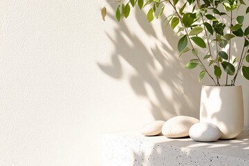 Poster - A serene arrangement of stones and a leafy plant in a minimalist setting.