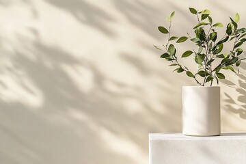 Poster - A minimalist plant in a pot casting shadows on a light wall.