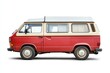 © ANZ studio - Classic red and beige camper van, side view, isolated on white background.