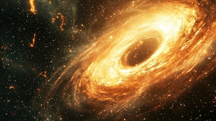a galaxy being pulled toward a massive black hole at its center, with swirling stars and gases aroun