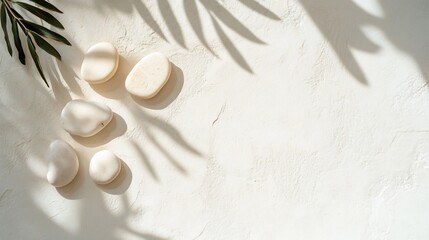 Poster - A serene arrangement of smooth stones on a textured surface with shadows.