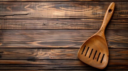 Wall Mural - Wooden kitchen spatula on rustic wooden background, top view