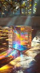 Wall Mural - Rainbow Prism Light Refraction on Wooden Table
