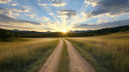 Sticker - serene landscape with winding dirt road leading to sunset