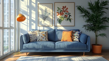 Wall Mural - Sunlit Living Room with Blue Sofa and Botanical Prints