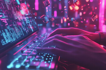 Leinwandbilder - Colorful Computer Coding Scene With Illuminated Keyboard and Digital Data Representation