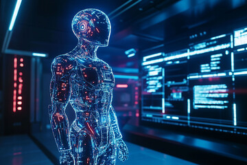 Poster - Futuristic Robot Stands in a High-Tech Environment Filled With Glowing Data Displays and Holographic Interfaces