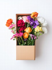 Wall Mural - Vibrant fresh flowers in a cardboard delivery box ready for gifting or decoration. Generative AI