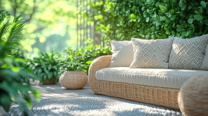 Wall Mural - Rattan sofa on patio with plants and pillows.