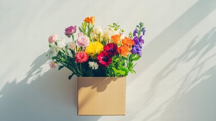 Poster - Cardboard delivery box filled with vibrant fresh flowers against a light wall with copy space for text. Generative AI