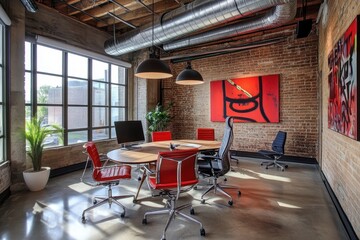 Modern industrial office meeting room with red chairs, large windows, exposed brick walls, and artwork.