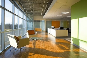 Wall Mural - Modern office lobby with sunlight, hardwood floors, and comfortable seating.