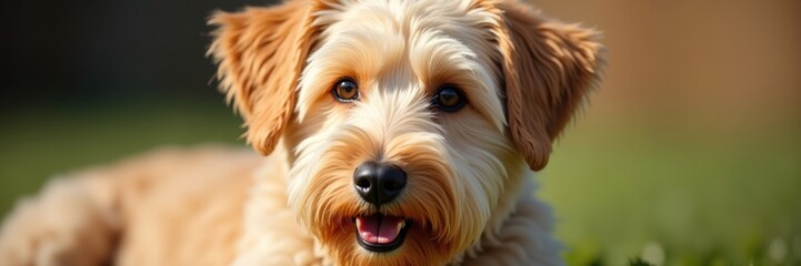 Wall Mural - A charming Soft-Coated Wheaten Terrier puppy with its irresistible amber eyes and joyful open mouth basks in the gentle sunlight on a soft green lawn