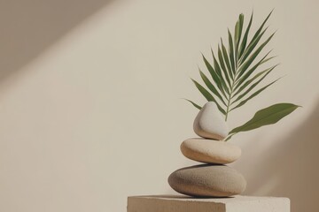 Canvas Print - Stacked stones and palm leaf on beige background.