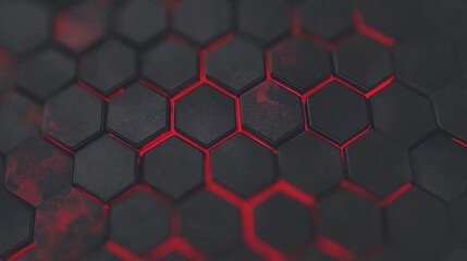 Poster - Abstract Hexagon Grid Dark Red Glowing Pattern