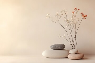 Stacked stones and dried flowers on beige background.