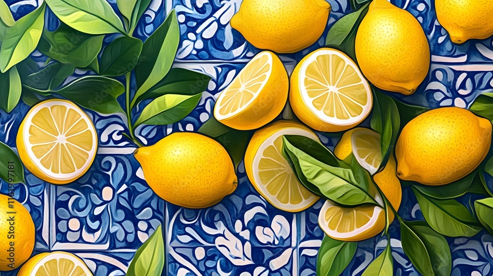 Lemons and Leaves on a Blue and White Tile Background Stock ...