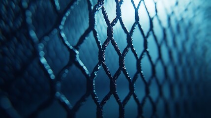 Close-up of a dark blue, textured, hexagonal wire mesh with blurred background.
