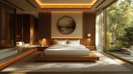 Wall Mural - Serene modern bedroom with wooden platform bed, large window, and minimalist decor.