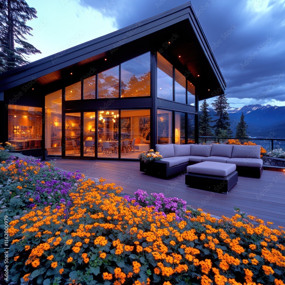 Alpine Getaway: Terrace with Flowers and Trendy Sofa in Swiss Style ...