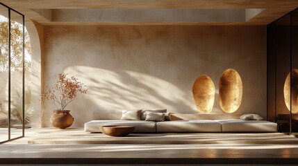 Wall Mural - Minimalist living room with beige walls, low seating, and natural light.