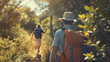 © Santy Hong - delighted people, exploring beautiful nature trails on a sunny day, vibrant and dynamic, natural lighting, joyful mood,