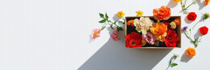 Aufkleber - Vibrant fresh flowers in a cardboard delivery box create a cheerful display on a light background, perfect for seasonal greetings. Generative AI