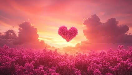 Wall Mural - heart-shaped cloud over pink field at sunset.