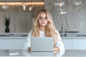 Wall Mural - Productive Professional: Blonde Woman in Formal Attire Working on Laptop at Office