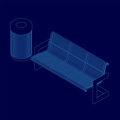 Poster - Blue drawing of a bench and trash can. The bench is made of wood and is placed next to a trash can. Concept of simplicity and functionality, with the bench