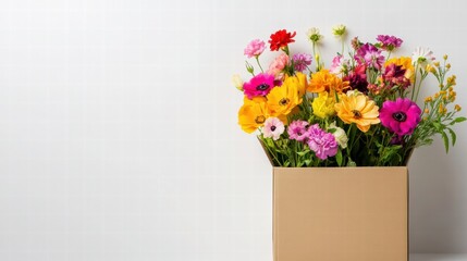 Aufkleber - Freshly delivered vibrant flowers arranged in a cardboard box with ample mock up space for text. Generative AI