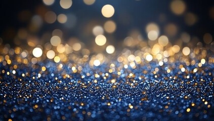 Poster - Sparkling glitter background with gold and blue bokeh lights.