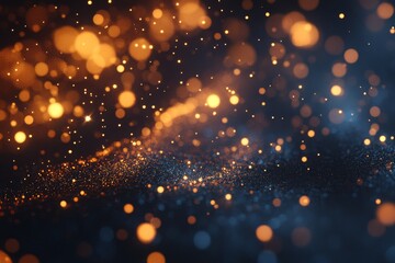 Poster - Abstract glittering particles, bokeh, gold, blue, dark background.